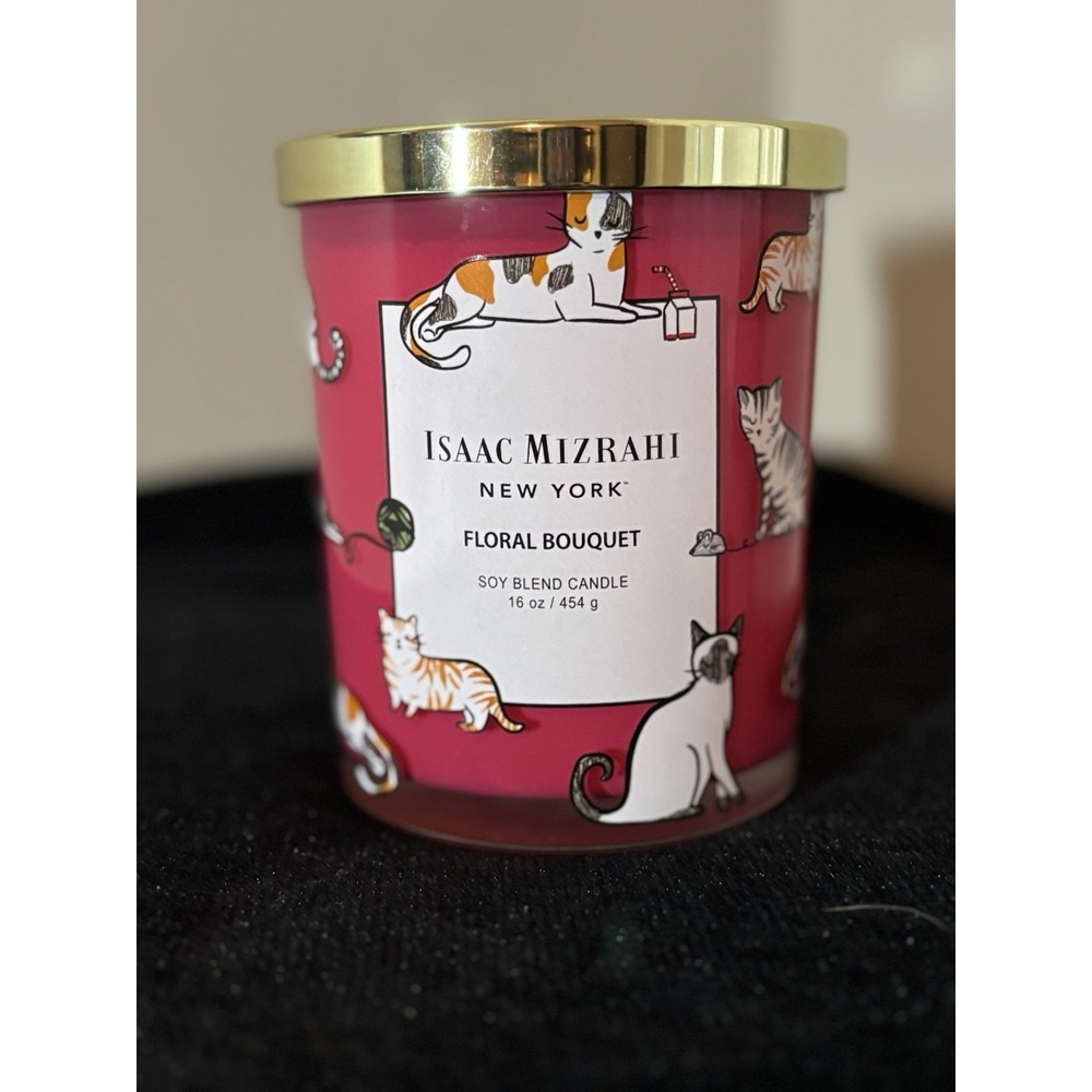 ISAAC MIZRAHI NEW YORK "FLORAL BOUQUET SOY BLEND KITTY CANDLE 16 oz